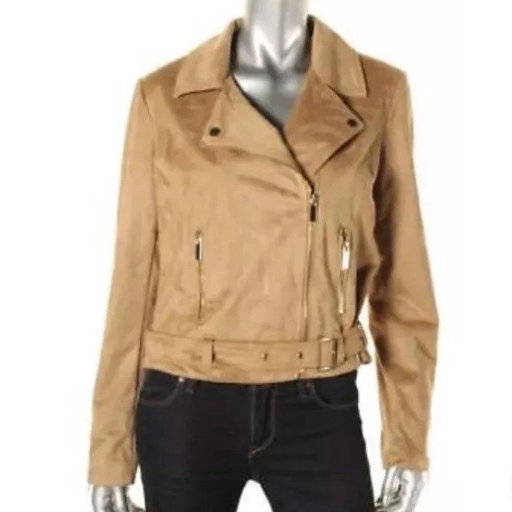 Wildflower Camel Faux Suede Moto Jacket – Gold Hardware